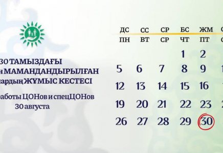 ХҚКО мен мамандандырылған ХҚКО-лардың 30 тамызға арналған жұмыс кестесі